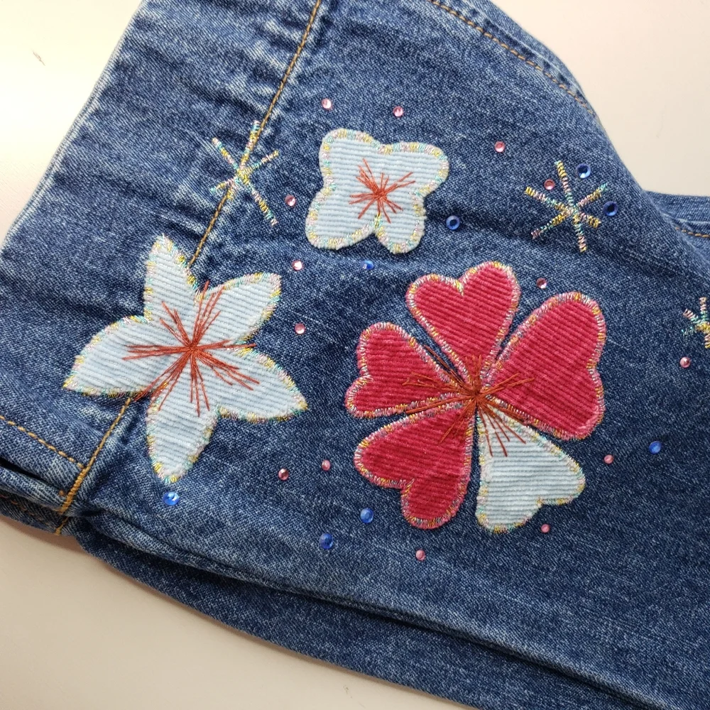 Vintage Gap Kids Cotton Applique Embroidered Bling Girls Denim Capri Jeans Sz 10